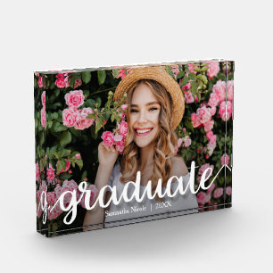 Trendy White Script Graduation Modern Photo Block