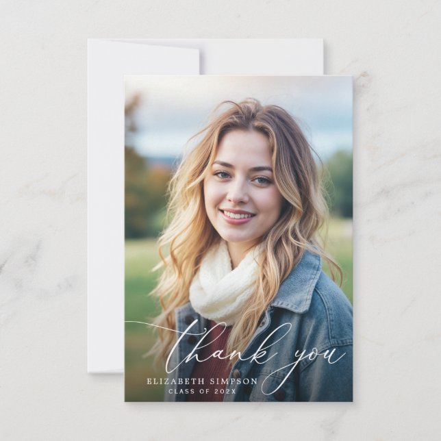 Trendy white script graduation thank you card (Front)