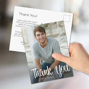 Trendy White Script Thank You Photo Graduation Postcard