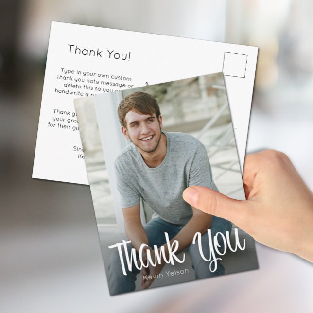 Trendy White Script Thank You Photo Graduation Postcard (Creator Uploaded)