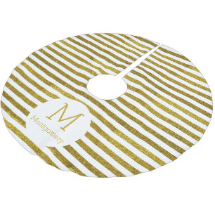 Trendy White Stripes & Faux Gold Glitter Brushed Polyester Tree Skirt