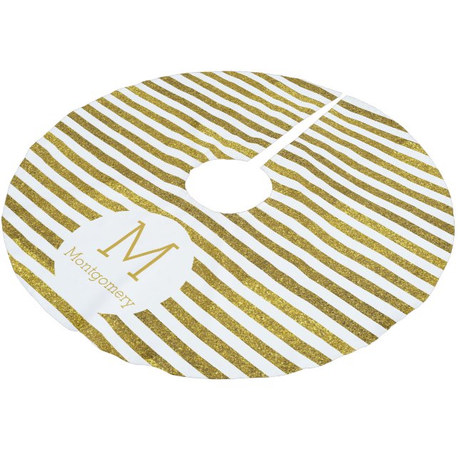 Trendy White Stripes & Faux Gold Glitter Brushed Polyester Tree Skirt (Angled)