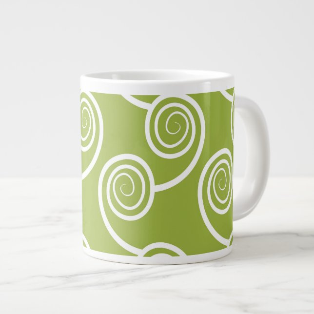 Trendy White Swirl pattern On Green Large Coffee Mug (Front Right)