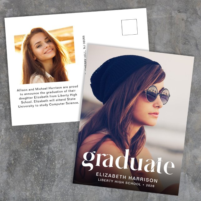 Trendy White Typography Photo Graduation Announcement Postcard (Creator Uploaded)
