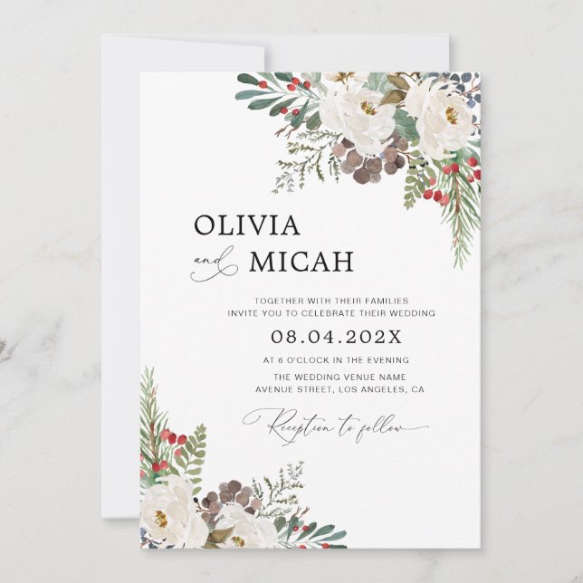 trendy winter christmas floral wedding invitation (Front)