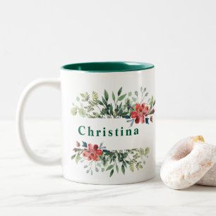 Trendy Winter Green Leaves with Red Flowers Two-Tone Coffee Mug