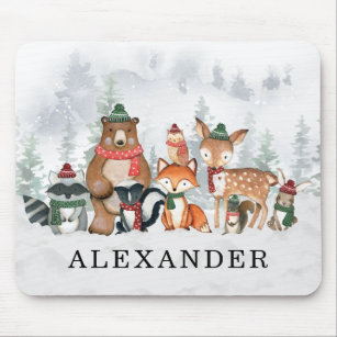 Trendy Winter Woodland Forest Baby Animals Mouse Pad