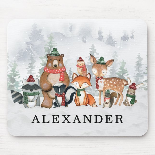 Trendy Winter Woodland Forest Baby Animals Mouse Pad (Front)
