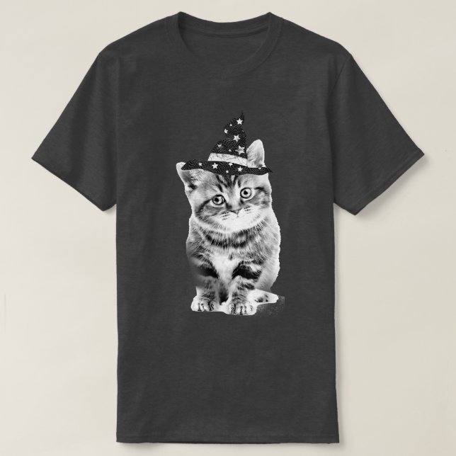 Trendy Witch Kitten Halloween Animals T-Shirt (Design Front)