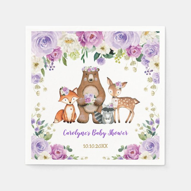 Trendy Woodland Baby Forest Animals Birthday Napkin (Front)