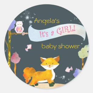 Trendy Woodland Fox Baby Girl Baby Shower Classic Round Sticker