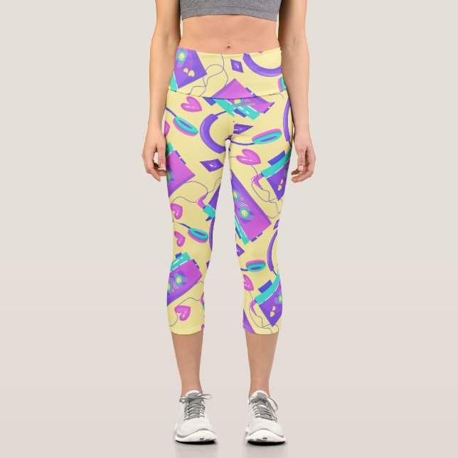 Trendy Yellow 80s neon Theme Capri Leggings (Front)