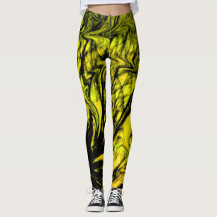Trendy Yellow and Black Abstract Swirl Design Leggings
