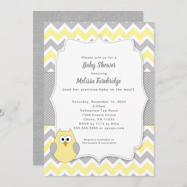 Trendy Yellow and Grey Owl Girl Baby Shower Invitation (Front/Back)