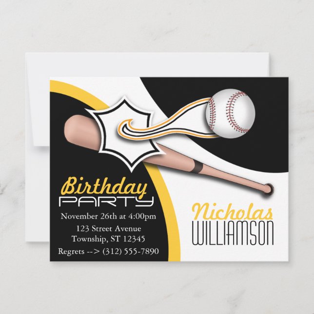 Trendy Yellow Baseball Birthday Invitations (Front)