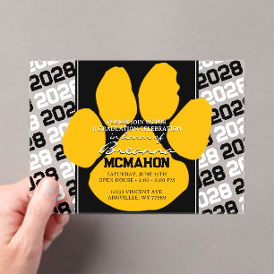 Trendy Yellow & Black Graduation Pawprint Clear Acrylic Invitations