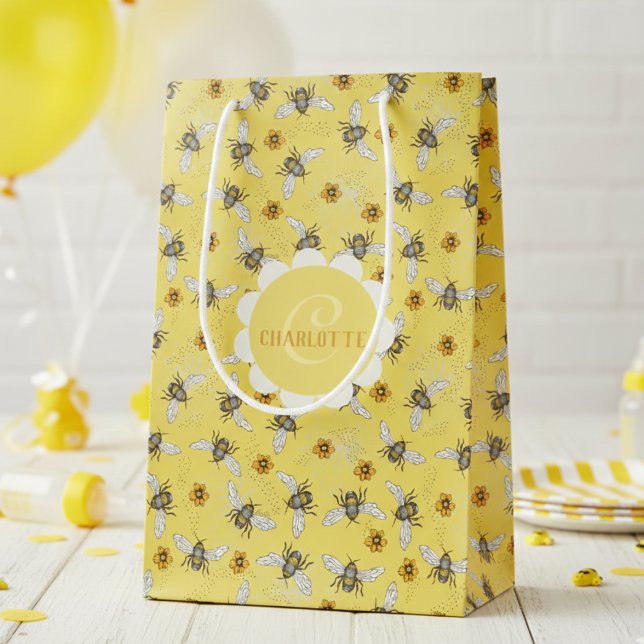 Trendy Yellow Buzzing Spring & Summer Honeybee  Medium Gift Bag (Yellow Insect Bee Gift Bags for Mom to Bee Baby Shower or Bee Birthday. Honeybees, Flowers Pattern)