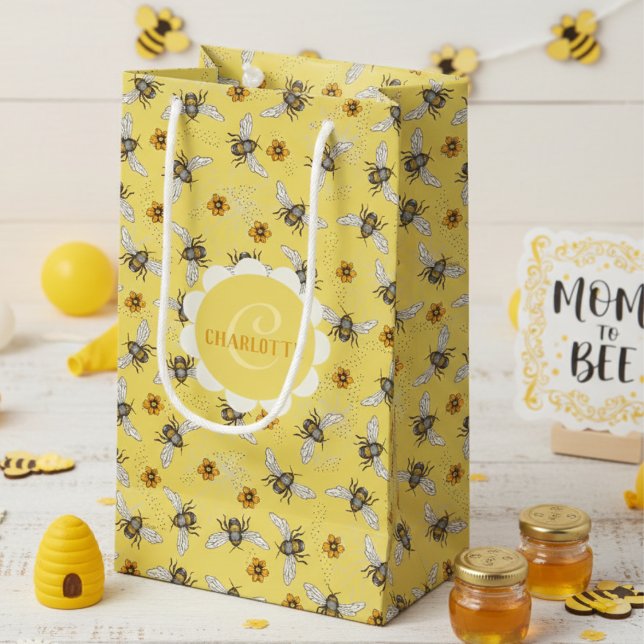 Trendy Yellow Buzzing Spring & Summer Honeybee  Small Gift Bag (Yellow Black Honeybees & Flowers Floral Gift Bag for Mom to Bee Baby Shower Summer Birthday for Her)