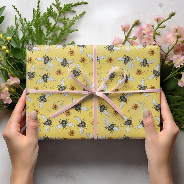 Trendy Yellow Buzzing Spring & Summer Honeybee  Wrapping Paper (Happy Yellow Honeybees buzzing around Cosmos and Daisy flowers. Ideal for Gardeners & Nature Lovers!)