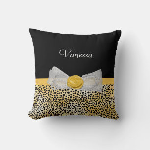 Trendy Yellow Cheetah Print Fancy Bow and Name Cushion