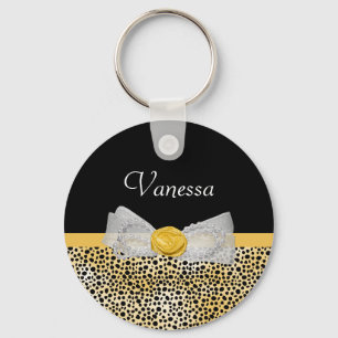 Trendy Yellow Cheetah Print Fancy Bow and Name Key Ring