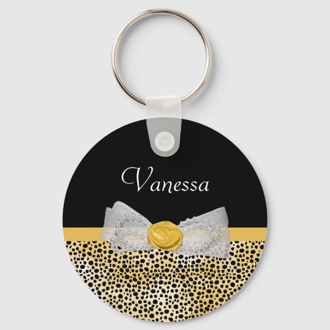 Trendy Yellow Cheetah Print Fancy Bow and Name Key Ring (Front)