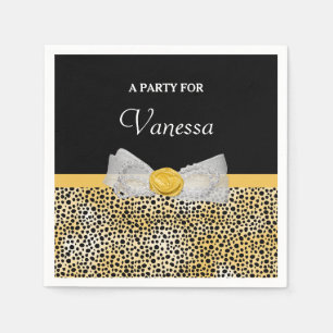 Trendy Yellow Cheetah Print Fancy Bow and Name Napkin