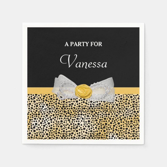 Trendy Yellow Cheetah Print Fancy Bow and Name Napkin (Front)