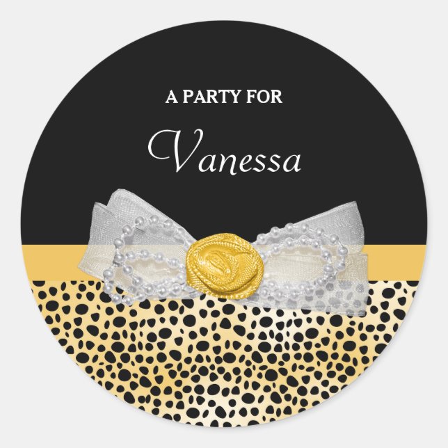 Trendy Yellow Cheetah Print Fancy Bow Party Name Classic Round Sticker (Front)