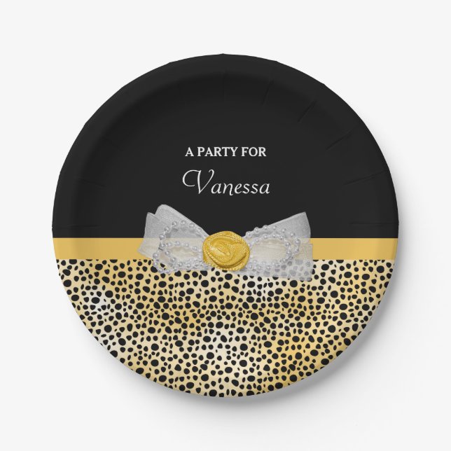 Trendy Yellow Cheetah Print Fancy Bow Party Name Paper Plate (Front)