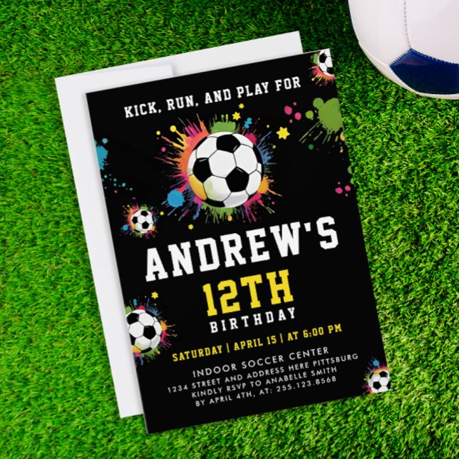 Trendy Yellow Colourful Soccer Ball Kid Party Invitation (Creator Uploaded)