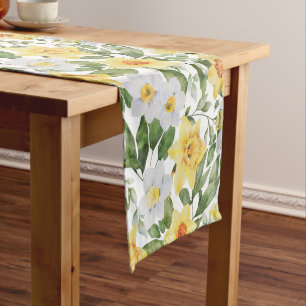 Trendy Yellow, Green and White Floral Daffodils Short Table Runner