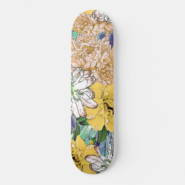 Trendy Yellow & Green Floral Girly Illustration Skateboard (Front)