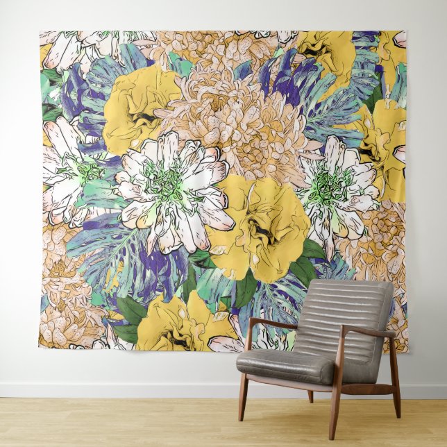 Trendy Yellow & Green Floral Girly Illustration Tapestry (In Situ (Horizontal))