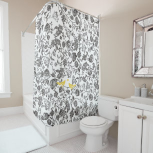 Trendy Yellow Grey and White Floral Bird Pattern Shower Curtain