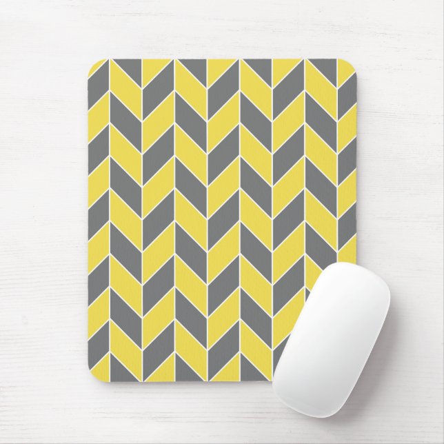 Trendy Yellow Grey Geometric Herringbone Chevron Mouse Pad (With Mouse)