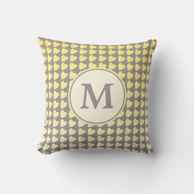 Trendy Yellow Grey Heart Gradient Pattern Monogram Cushion (Front)