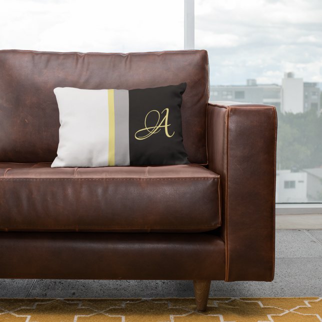 Trendy Yellow Monogram Grey Black Stripes Lumbar Cushion (Creator Uploaded)