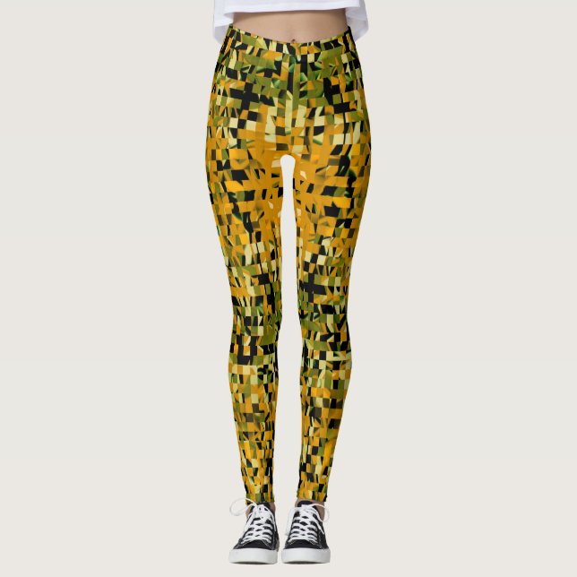 Trendy Yellow Orange Green Black Pixel Pattern Leggings (Front)