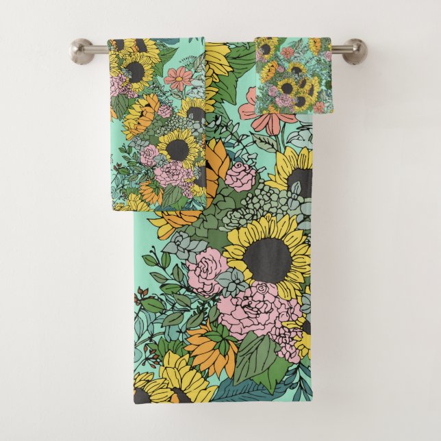 Trendy yellow sunflowers and pink roses design bath towel set (Insitu)