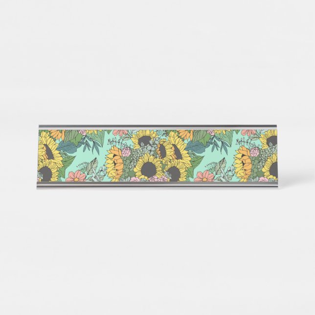 Trendy yellow sunflowers and pink roses design desk name plate (Front)