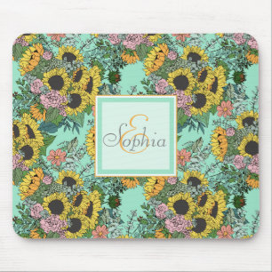Trendy yellow sunflowers and pink roses design mouse pad
