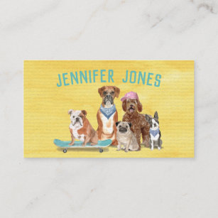 Trendy Yellow Water Colour Dog Walker   Business Card