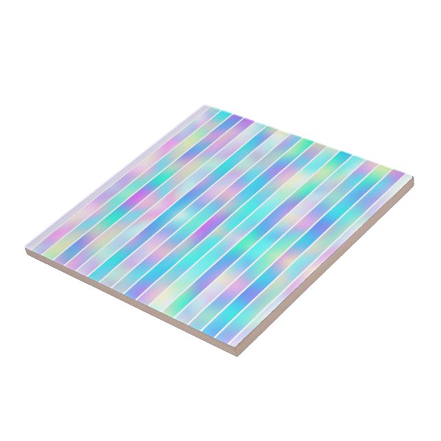 Trendy youthful modern blue pink iridescent stripe ceramic tile (Side)