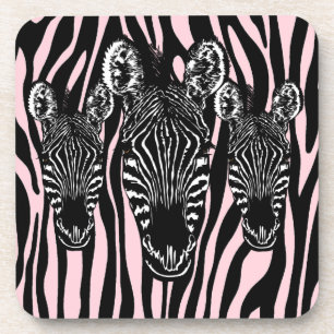 Trendy Zebra Herd on Zebra Print Pink Coaster