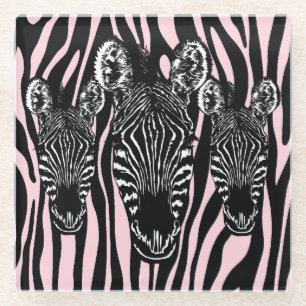 Trendy Zebra Herd on Zebra Print Pink Glass Coaster
