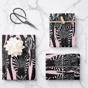 Trendy Zebra Herd on Zebra Print Pink Wrapping Paper Sheet