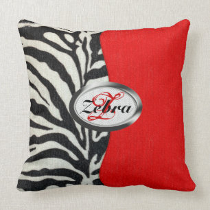 Trendy Zebra Print and Neon Red Monogram Cushion