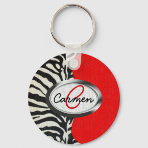Trendy Zebra Print and Neon Red Monogram Key Ring