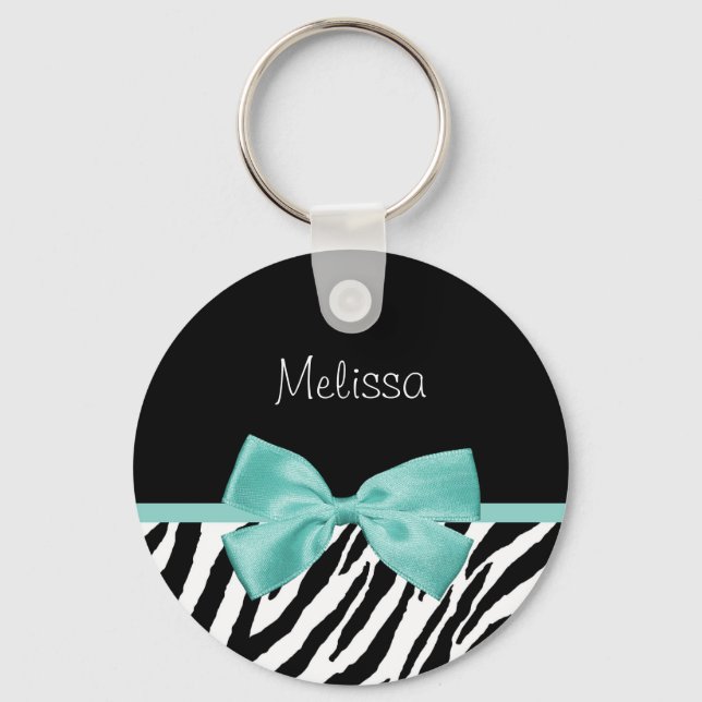 Trendy Zebra Print Aqua Mint Ribbon With Name Key Ring (Front)